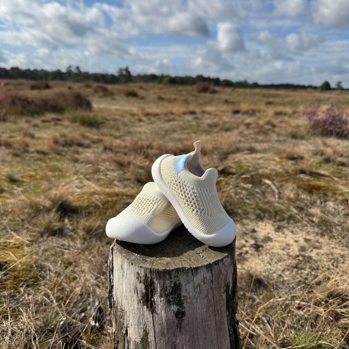Twee beige kindersokschoenen met antislip zool op een houten boomstronk in natuurgebied