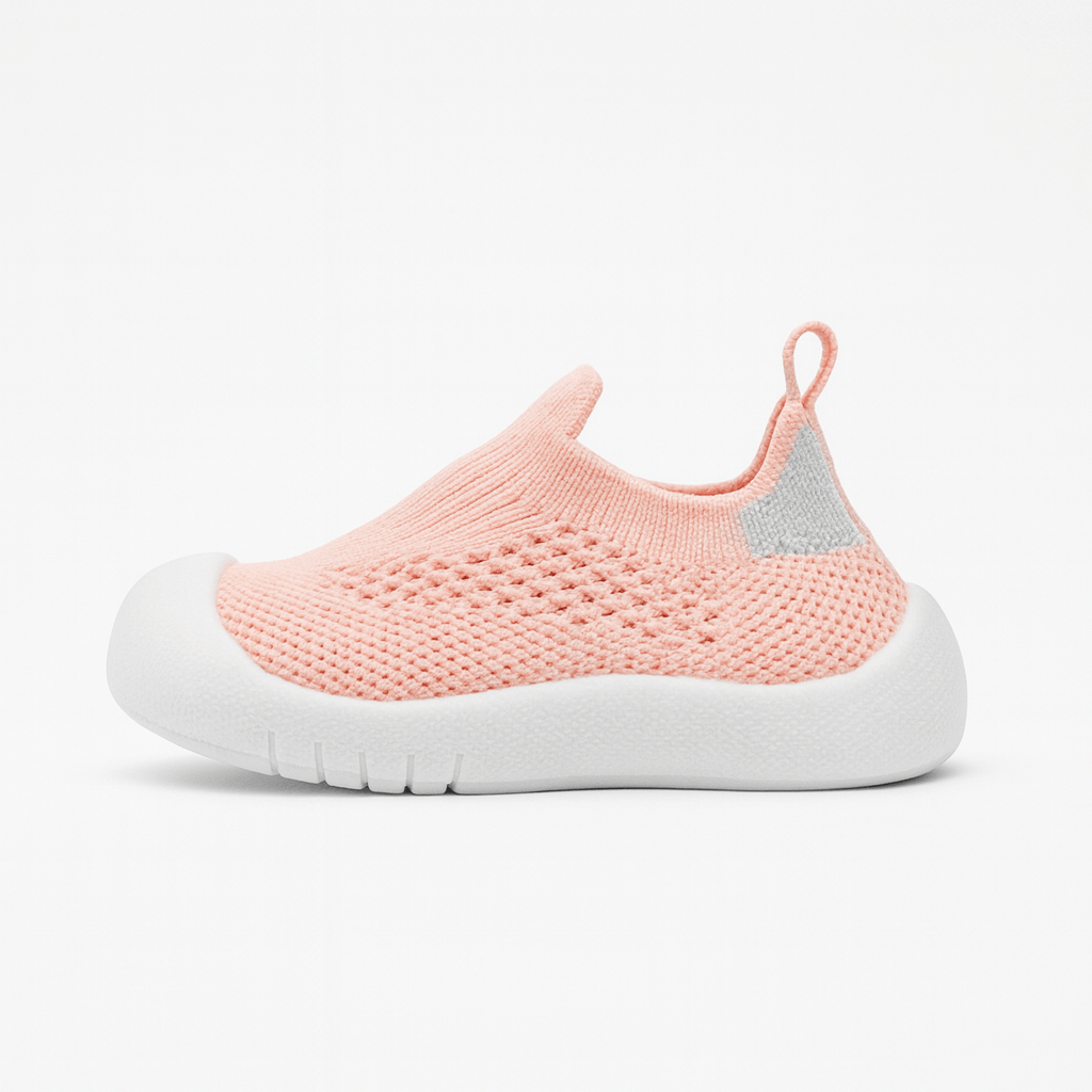 Roze baby slip-on schoen met gebreid bovenwerk en zachte witte zool
