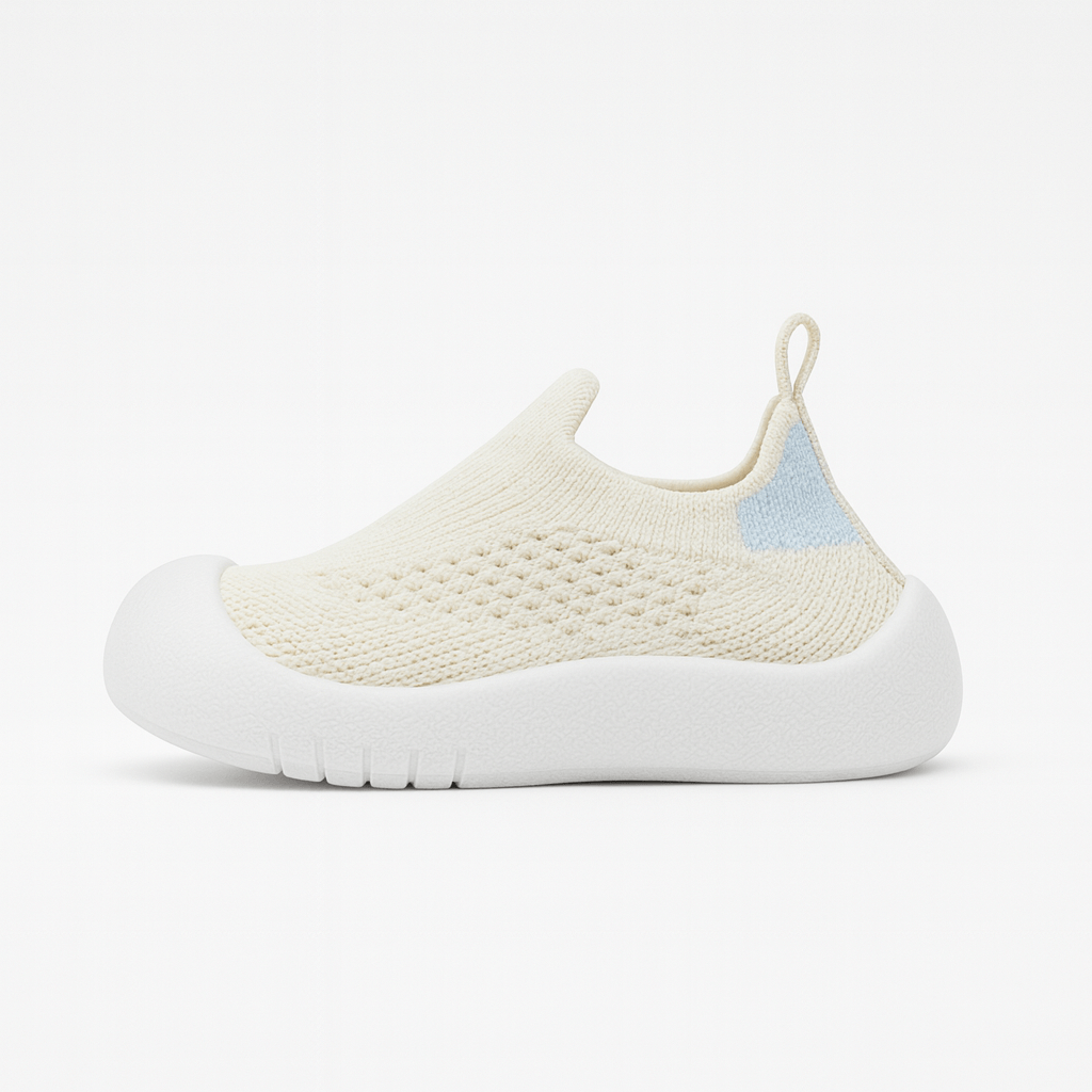 Beige baby slip-on schoen met gebreid bovenwerk en zachte witte zool