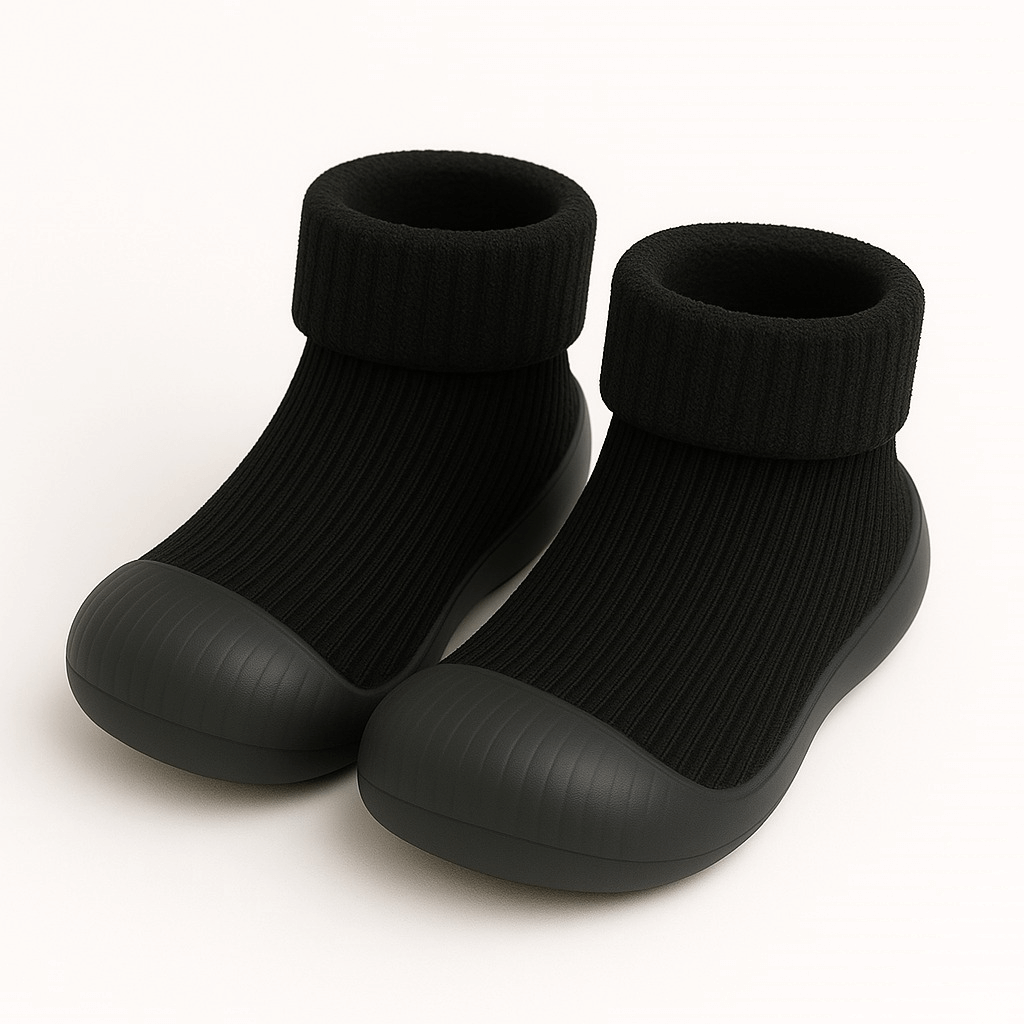 Zwart sokschoentje met ribstof en antislip zool – flexibel en comfortabel kinderschoentje voor dagelijks gebruik