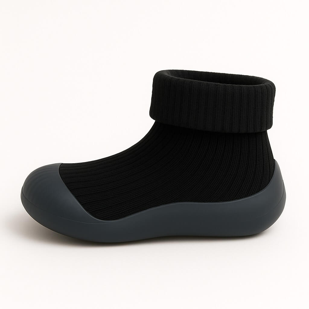 Vrijstaande afbeelding van zwarte slofjes voor kinderen met antislip zool – ideaal voor webshop of productfeed